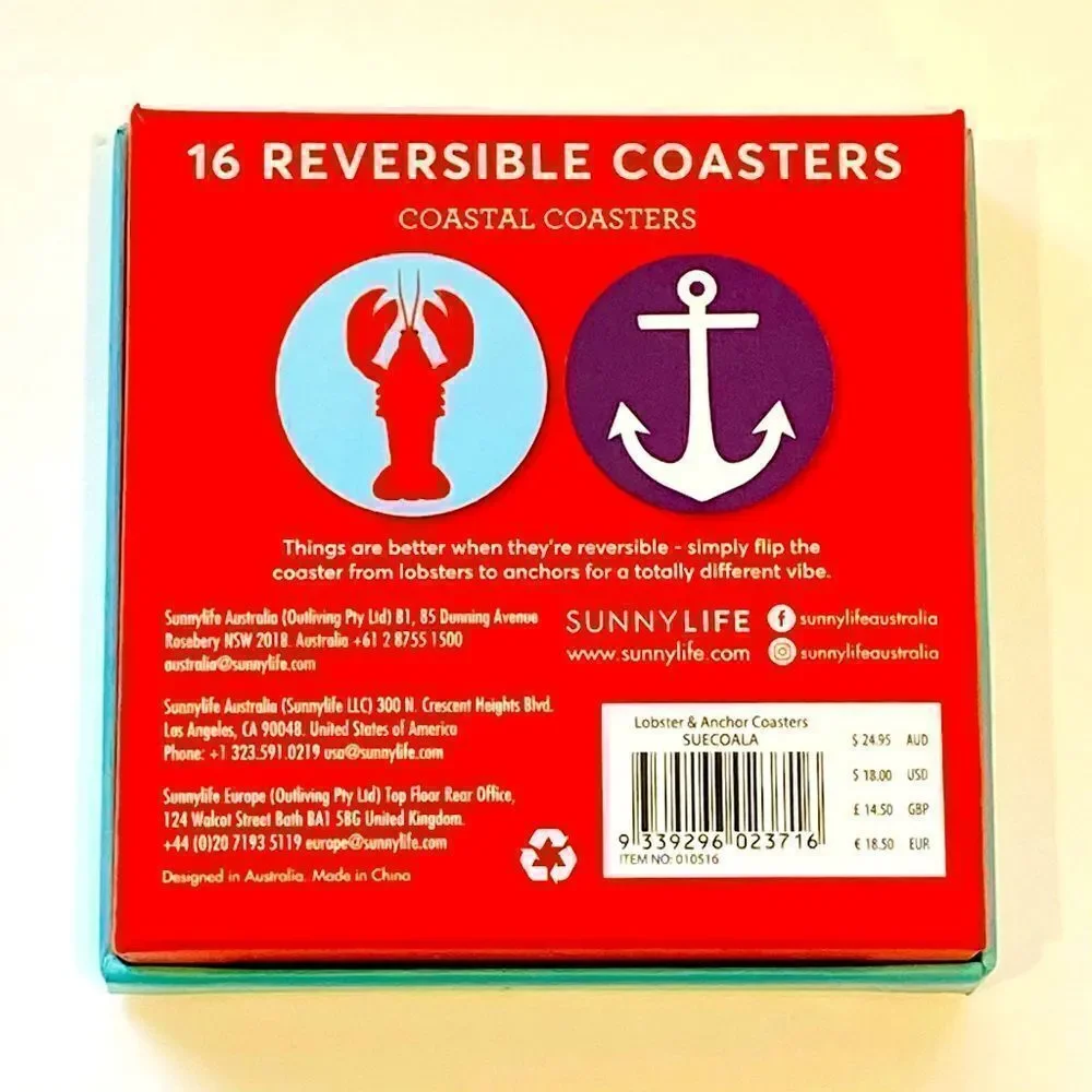 Sunny Life Set 16 Reversible Coastal Coasters Anchor Lobster NWT